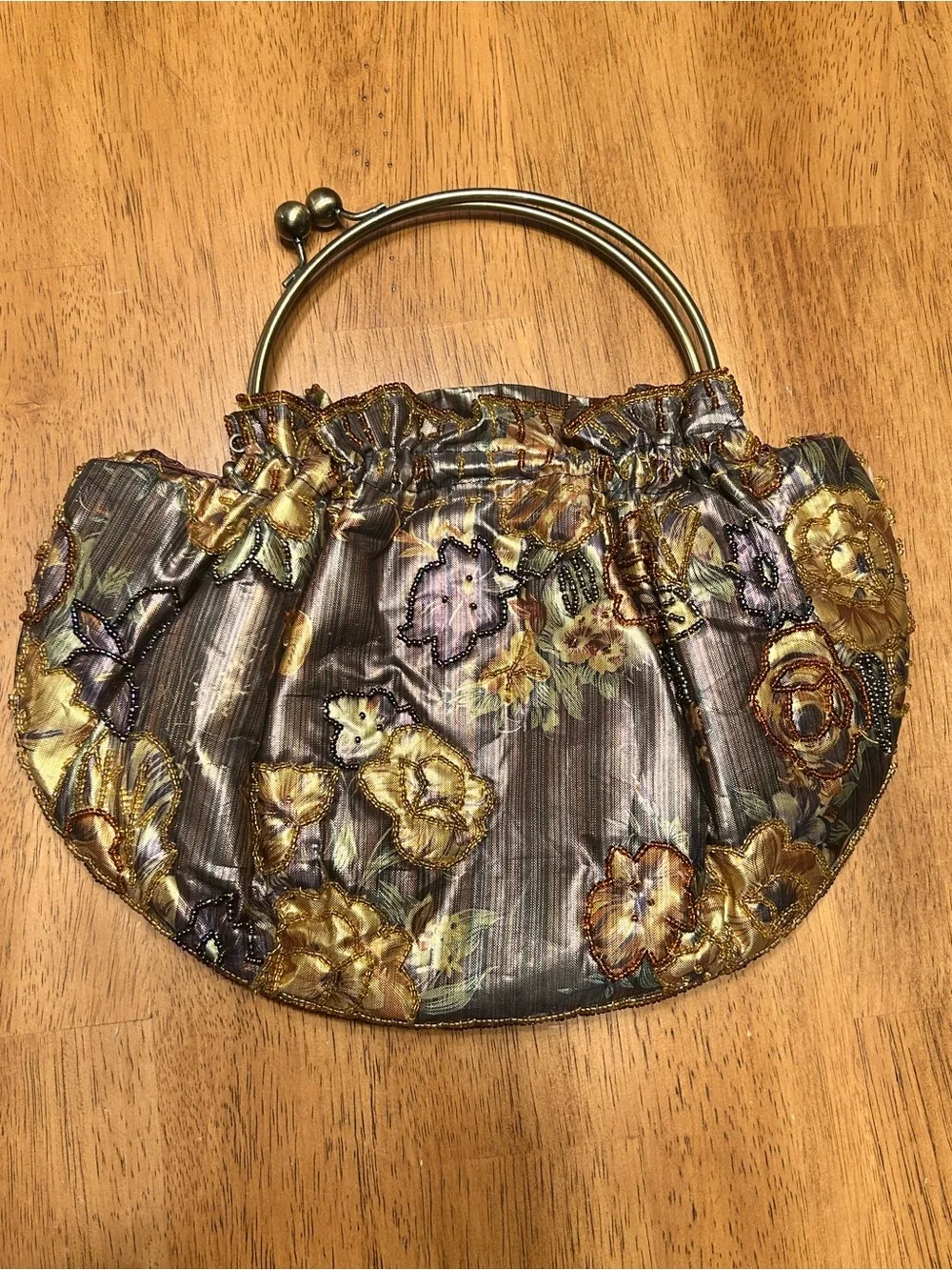Vintage Gold Floral Satin Wristlet Clutch Kiss Lock with Metal Ring Handles